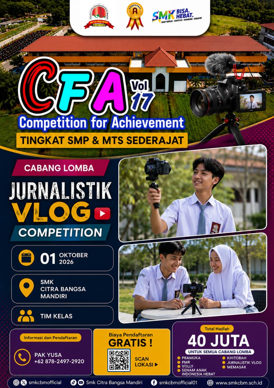 Poster lomba Jurnalistik Vlog — CFA Vol. 17 SMK CBM 2026